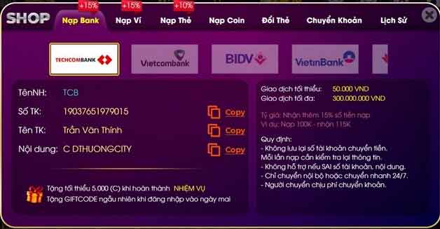 Nạp tiền cổng game Choangvip qua ngân hàng